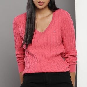Women's Pink Cable Knit Sweater Shirt Fitted